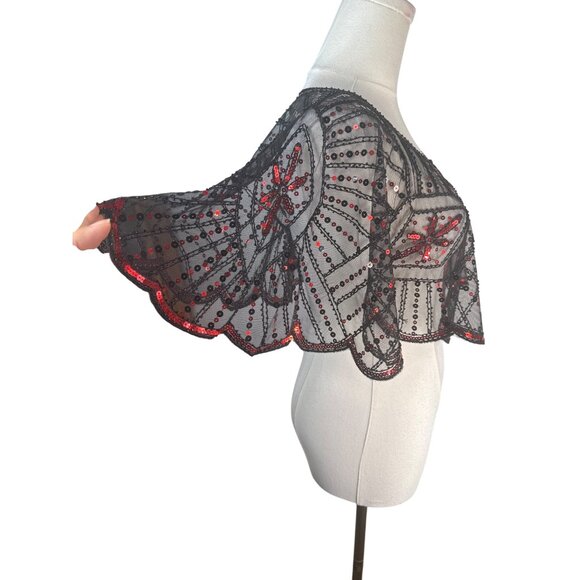 Vintage OS Style Red & Black Evening Sequin Cape Round Neckline Shrug - Picture 14 of 15
